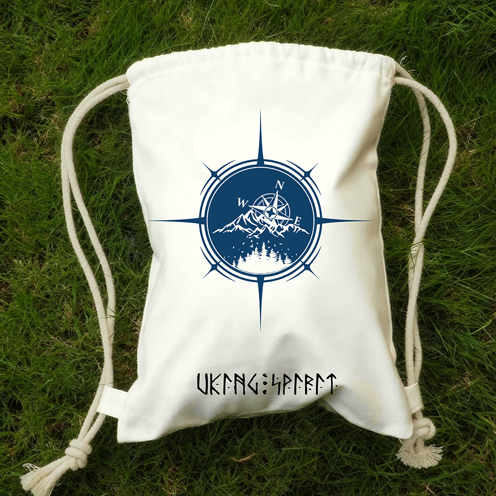 Vegvisir Viking Nautical Compass with Mountain & Forest Cotton Canvas Drawstring Backpack, Norse Voyage Exploration Legend Heat‑Transfer Gym Sack Bag, Affordable Unisex Nordic Storage Sack for All Ages for European Market-Viking Spirit