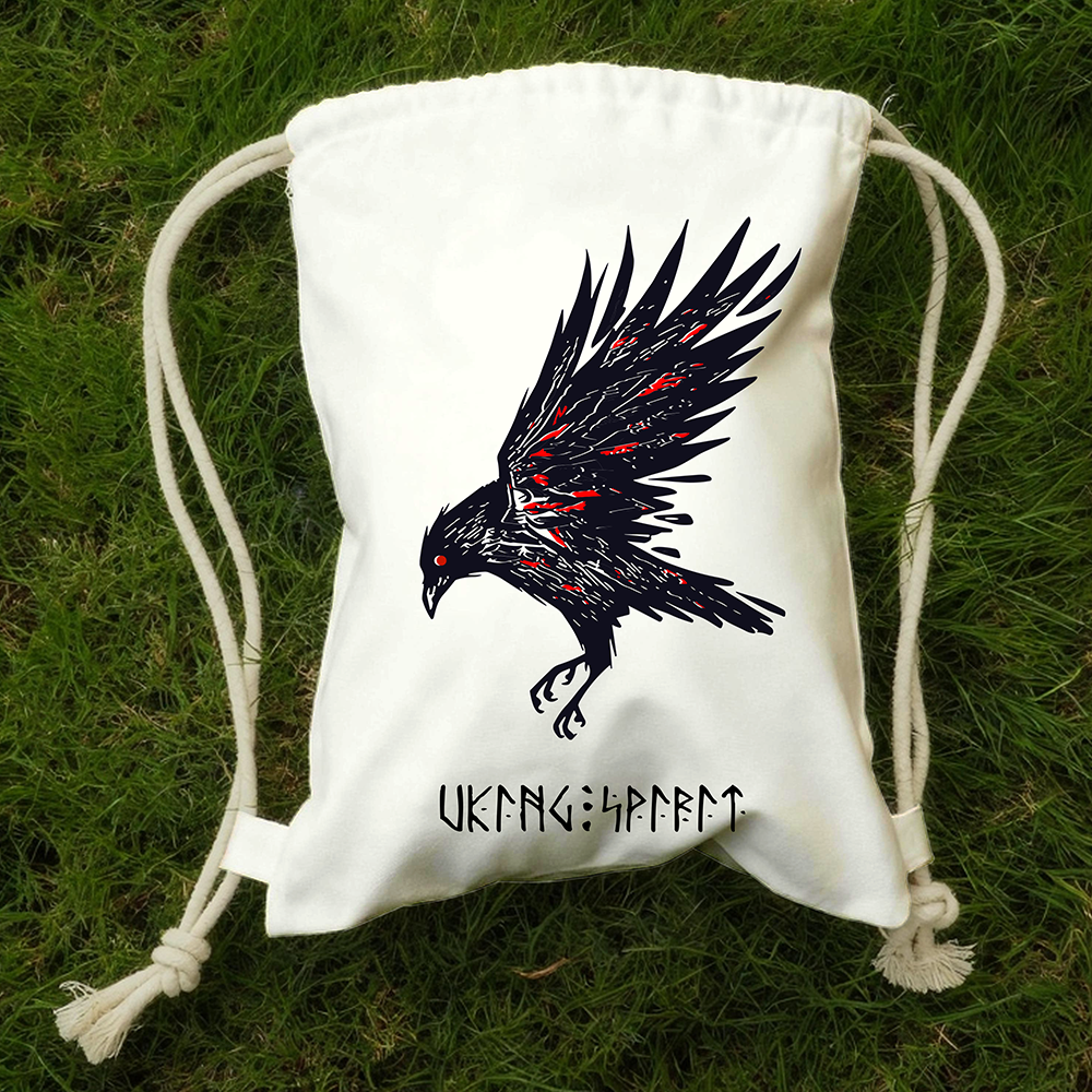 Black‑Red Battle‑Scarred Odin's Raven Cotton Canvas Drawstring Backpack, Aggressive Viking Crow Heat‑Transfer Gym Sack Bag, Affordable Unisex Nordic Storage Sack for All Ages for European Market-Viking Spirit