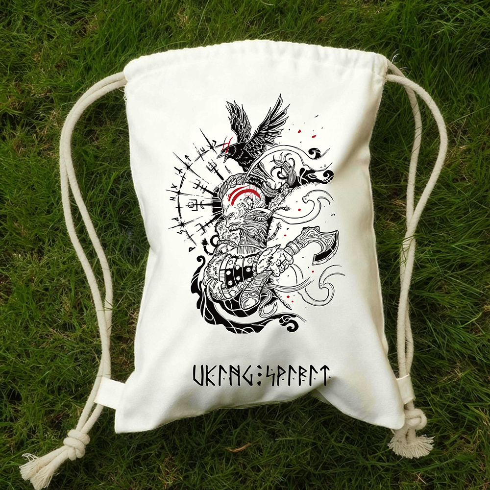 Viking Warrior with Odin's Raven & Axe Illustration Cotton Canvas Drawstring Backpack, Vegvisir Norse Legend Heat‑Transfer Gym Sack Bag, Affordable Unisex Nordic Storage Sack for All Ages for European Market-Viking Spirit