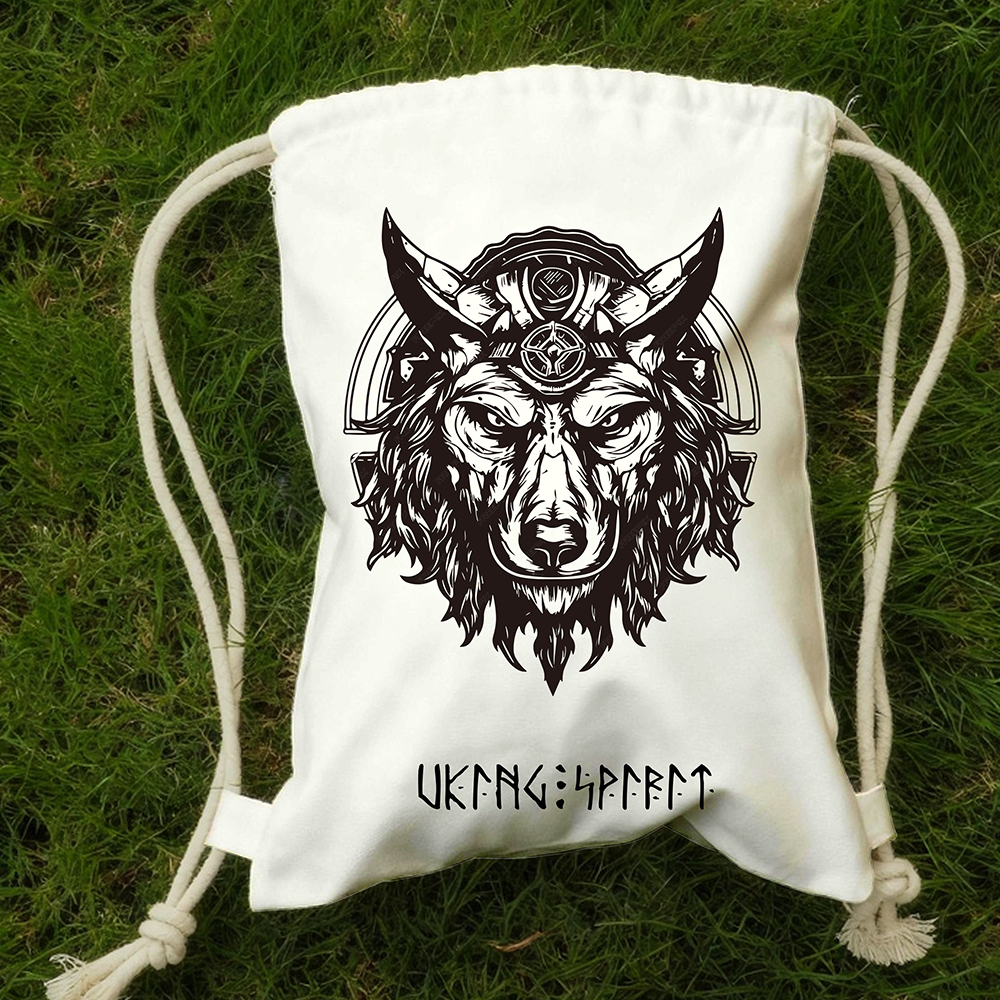 Fenrir Viking Giant Wolf Head Illustration Cotton Canvas Drawstring Backpack, Norse Mythology Legend Heat‑Transfer Gym Sack Bag, Affordable Unisex Nordic Storage Sack for All Ages for European Market-Viking Spirit