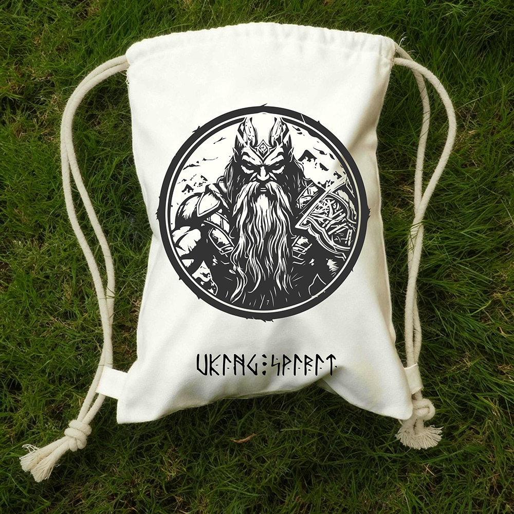 Odin All‑Father Circular Portrait Cotton Canvas Drawstring Backpack, Norse God of Wisdom War Legend Heat‑Transfer Gym Sack Bag, Affordable Unisex Nordic Storage Sack for All Ages for European Market-Viking Spirit