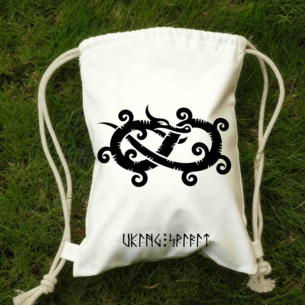 Jörmungandr World Serpent Intertwined Totem Cotton Canvas Drawstring Backpack, Norse Myth Legend Heat‑Transfer Gym Sack Bag, Affordable Unisex Nordic Storage Sack for All Ages for European Market-Viking Spirit