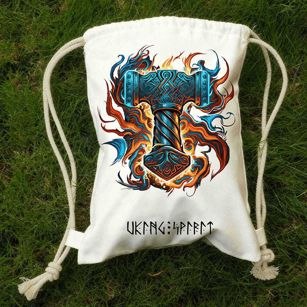 Fire‑Ice Flaming Thor's Hammer Mjölnir Cotton Canvas Drawstring Backpack, Norse Rune Heat‑Transfer Gym Sack Bag, Affordable Unisex Nordic Storage Sack for All Ages for European Market-Viking Spirit