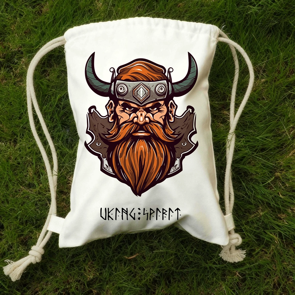 Viking Warrior with Horned Helmet Cotton Canvas Drawstring Bag, Norse Bearded Champion Rune Heat‑Transfer Sack Backpack-Viking Spirit