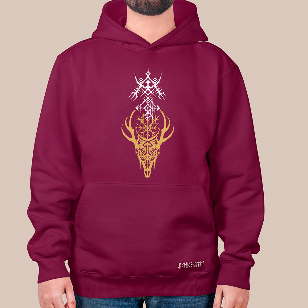 Viking Deer Skull Vegvisir Rune 550g Heavyweight Cotton Hoodie, Norse Compass Totem Pullover with Kangaroo Pocket, Affordable Unisex All-Ages Sweatshirt for European Fans-Viking Spirit