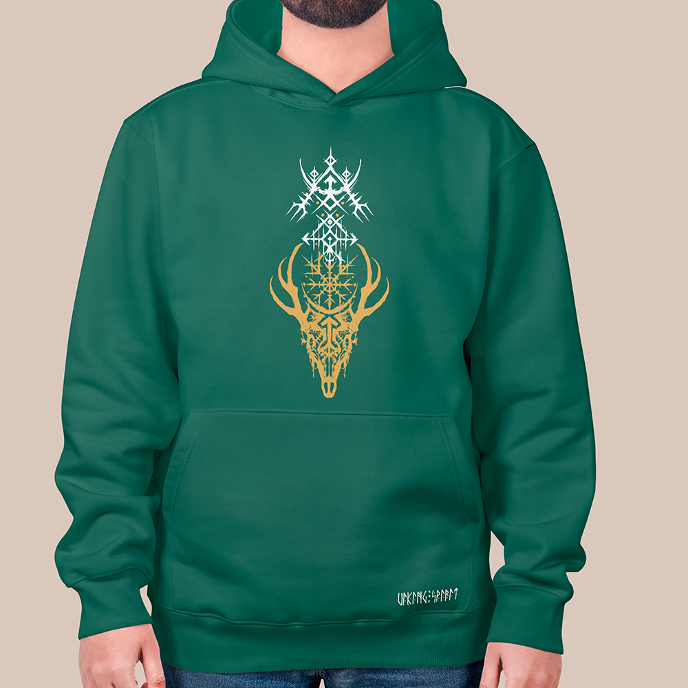 Viking Deer Skull Vegvisir Rune 550g Heavyweight Cotton Hoodie, Norse Compass Totem Pullover with Kangaroo Pocket, Affordable Unisex All-Ages Sweatshirt for European Fans-Viking Spirit