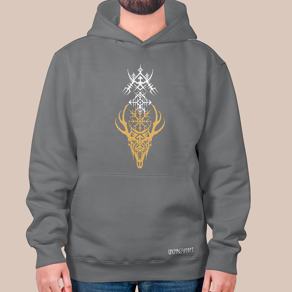 Viking Deer Skull Vegvisir Rune 550g Heavyweight Cotton Hoodie, Norse Compass Totem Pullover with Kangaroo Pocket, Affordable Unisex All-Ages Sweatshirt for European Fans-Viking Spirit