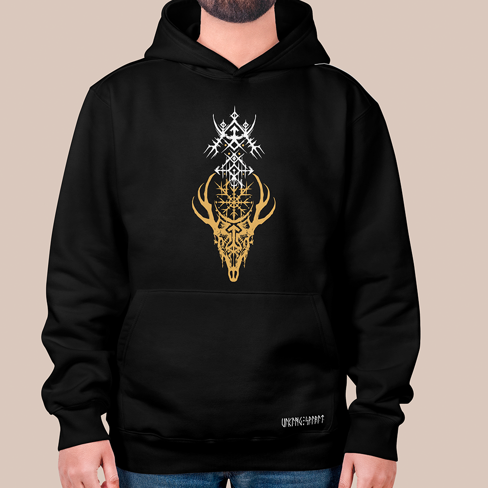 Viking Deer Skull Vegvisir Rune 550g Heavyweight Cotton Hoodie, Norse Compass Totem Pullover with Kangaroo Pocket, Affordable Unisex All-Ages Sweatshirt for European Fans-Viking Spirit
