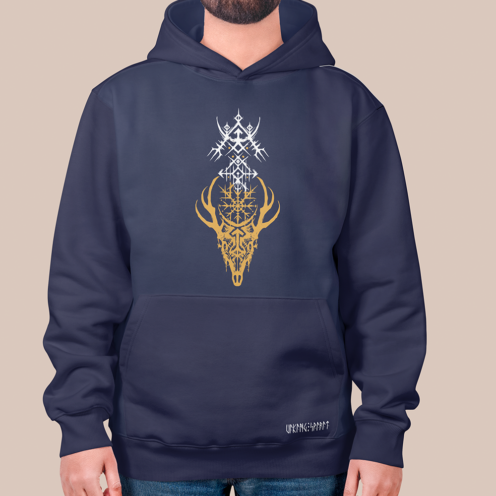 Viking Deer Skull Vegvisir Rune 550g Heavyweight Cotton Hoodie, Norse Compass Totem Pullover with Kangaroo Pocket, Affordable Unisex All-Ages Sweatshirt for European Fans-Viking Spirit