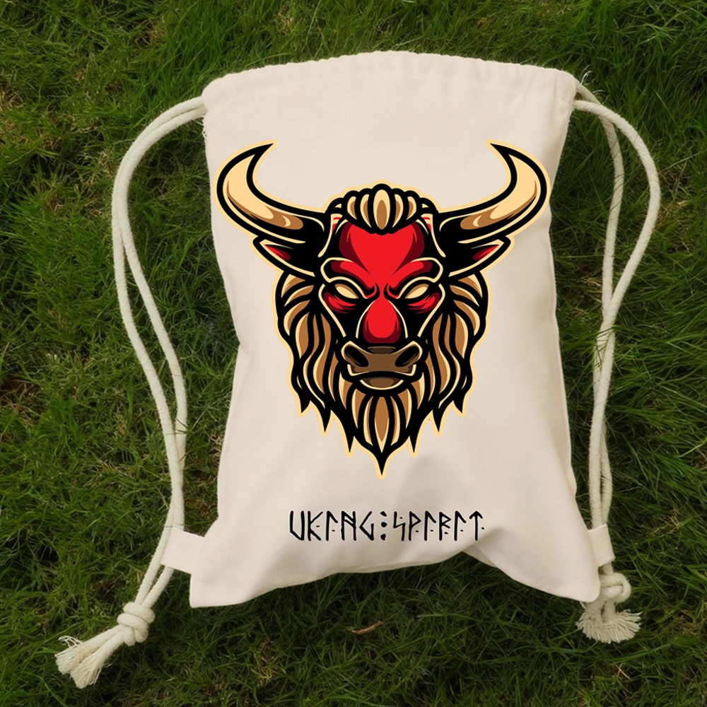 Viking Red Bull Head Totem Cotton Canvas Drawstring Bag, Norse Beast Rune Heat‑Transfer Sack Backpack-Viking Spirit