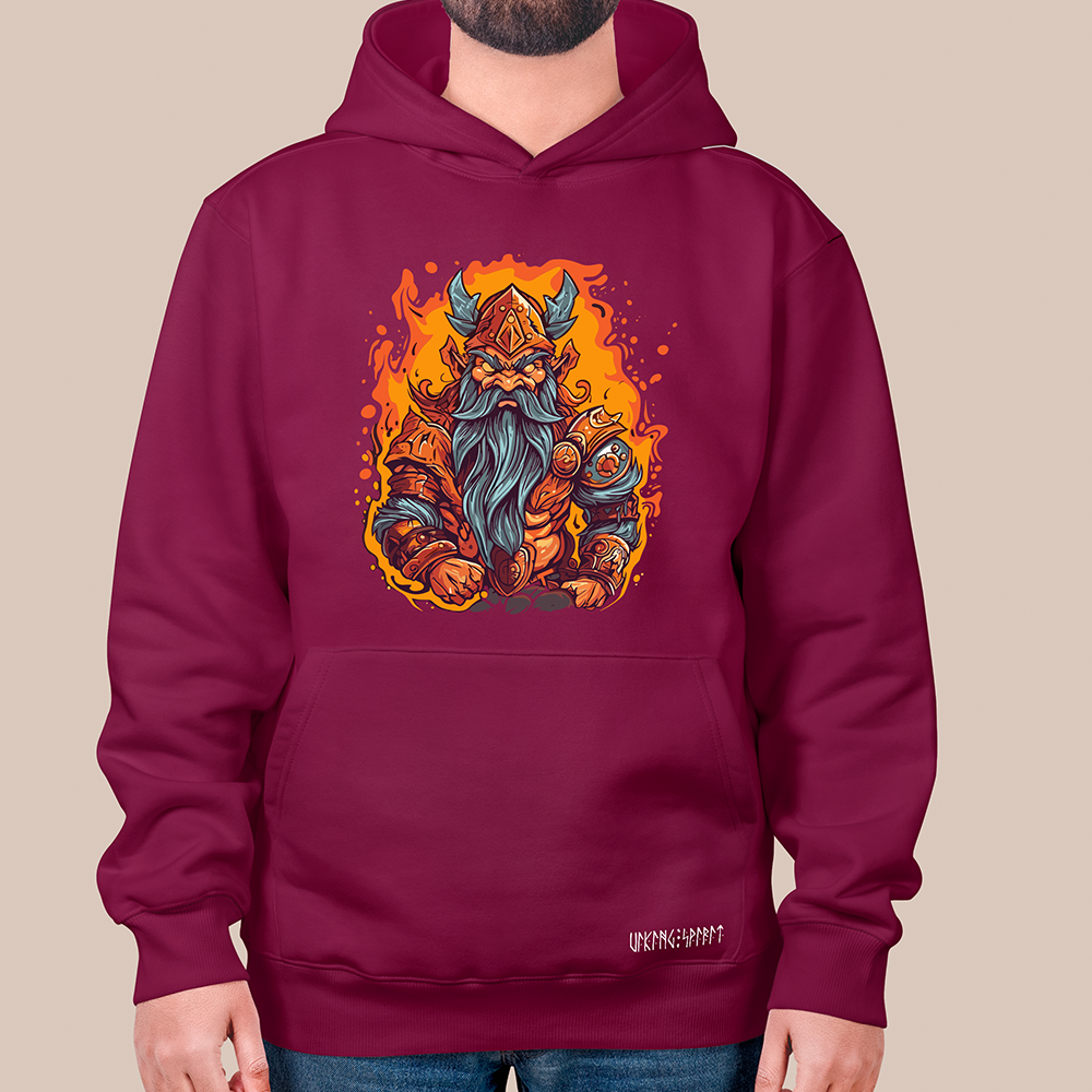 Flame Viking Dwarf King 550g Heavyweight Cotton Hoodie, Norse Myth Dwarf Warrior Totem Pullover with Kangaroo Pocket, Affordable Unisex All-Ages Sweatshirt for European Fans-Viking Spirit