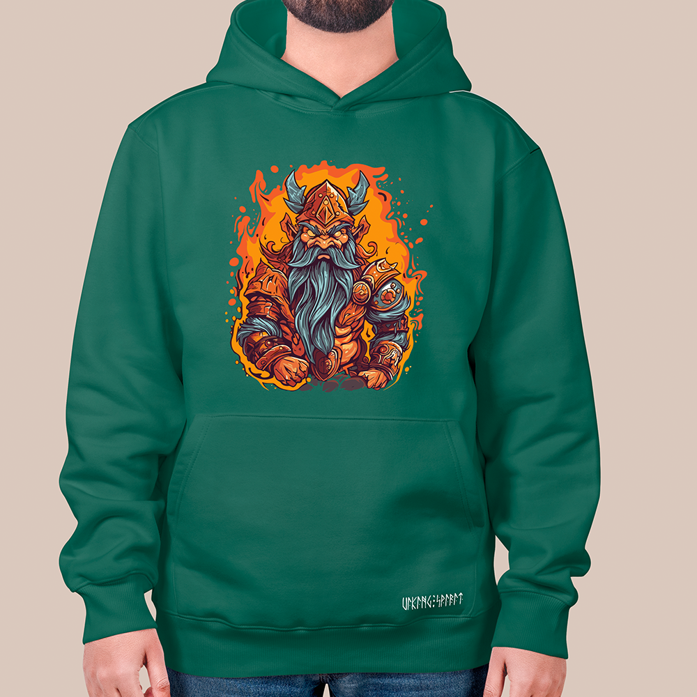 Flame Viking Dwarf King 550g Heavyweight Cotton Hoodie, Norse Myth Dwarf Warrior Totem Pullover with Kangaroo Pocket, Affordable Unisex All-Ages Sweatshirt for European Fans-Viking Spirit