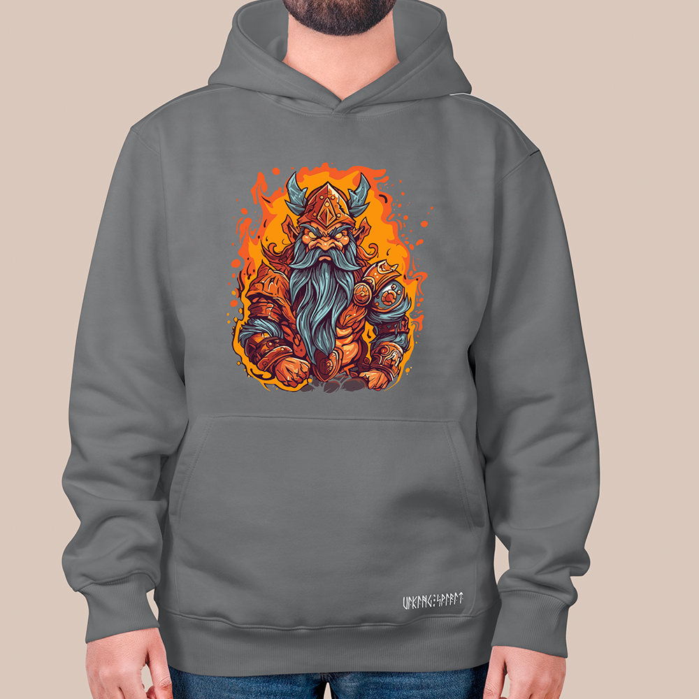 Flame Viking Dwarf King 550g Heavyweight Cotton Hoodie, Norse Myth Dwarf Warrior Totem Pullover with Kangaroo Pocket, Affordable Unisex All-Ages Sweatshirt for European Fans-Viking Spirit
