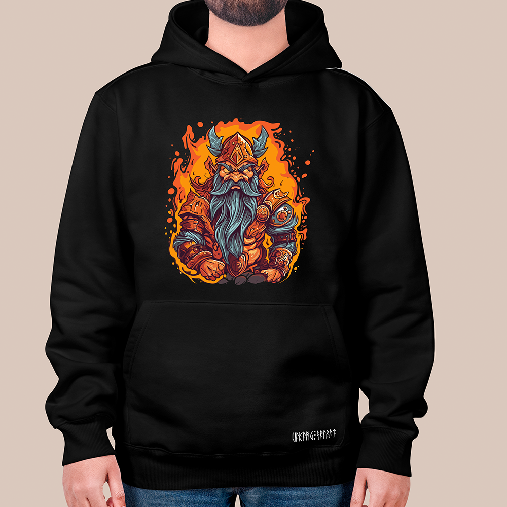Flame Viking Dwarf King 550g Heavyweight Cotton Hoodie, Norse Myth Dwarf Warrior Totem Pullover with Kangaroo Pocket, Affordable Unisex All-Ages Sweatshirt for European Fans-Viking Spirit