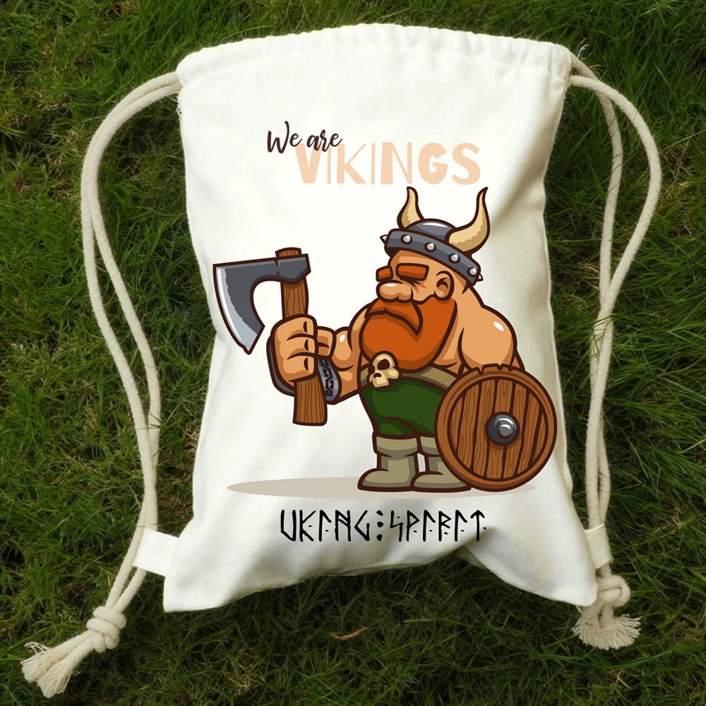 Cartoon Viking Warrior "We are VIKINGS" Cotton Canvas Drawstring Bag, Axe‑Shield Champion Rune Heat‑Transfer Sack Backpack-Viking Spirit