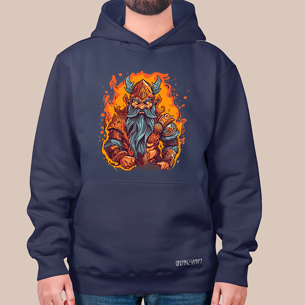 Flame Viking Dwarf King 550g Heavyweight Cotton Hoodie, Norse Myth Dwarf Warrior Totem Pullover with Kangaroo Pocket, Affordable Unisex All-Ages Sweatshirt for European Fans-Viking Spirit