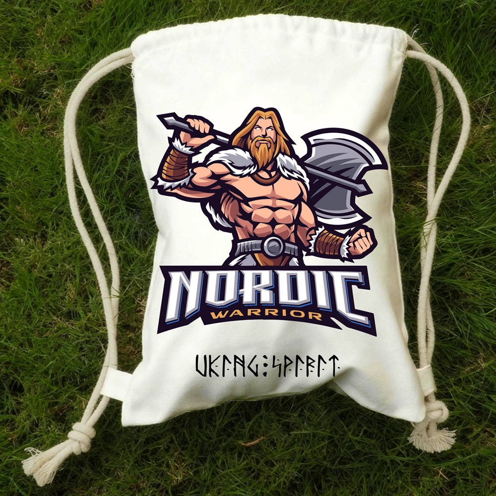 Nordic Warrior Cotton Canvas Drawstring Bag, Viking Axe‑Wielding Champion Slogan Norse Rune Heat‑Transfer Sack Backpack-Viking Spirit