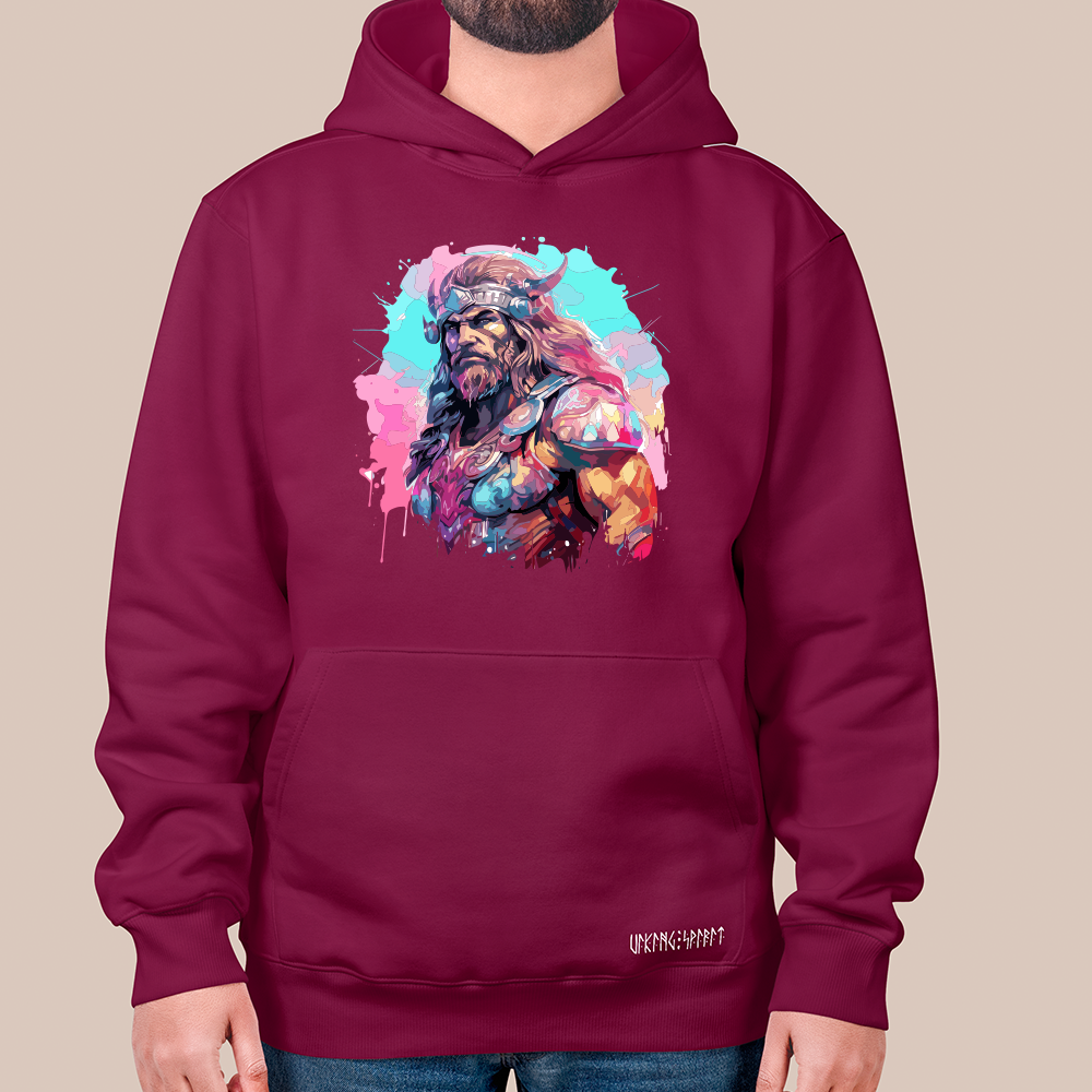 Splash Art Viking Chieftain Portrait 550g Heavyweight Cotton Hoodie, Norse Mythology Jarl Totem Pullover with Kangaroo Pocket, Affordable Unisex All-Ages Sweatshirt for European Fans-Viking Spirit