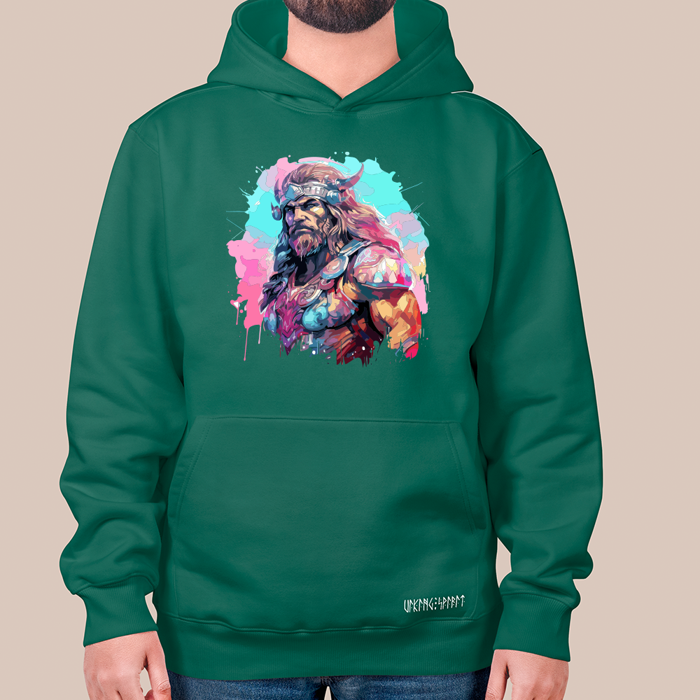 Splash Art Viking Chieftain Portrait 550g Heavyweight Cotton Hoodie, Norse Mythology Jarl Totem Pullover with Kangaroo Pocket, Affordable Unisex All-Ages Sweatshirt for European Fans-Viking Spirit