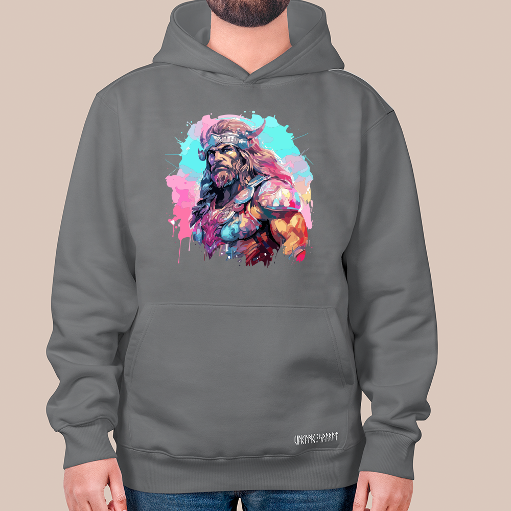 Splash Art Viking Chieftain Portrait 550g Heavyweight Cotton Hoodie, Norse Mythology Jarl Totem Pullover with Kangaroo Pocket, Affordable Unisex All-Ages Sweatshirt for European Fans-Viking Spirit