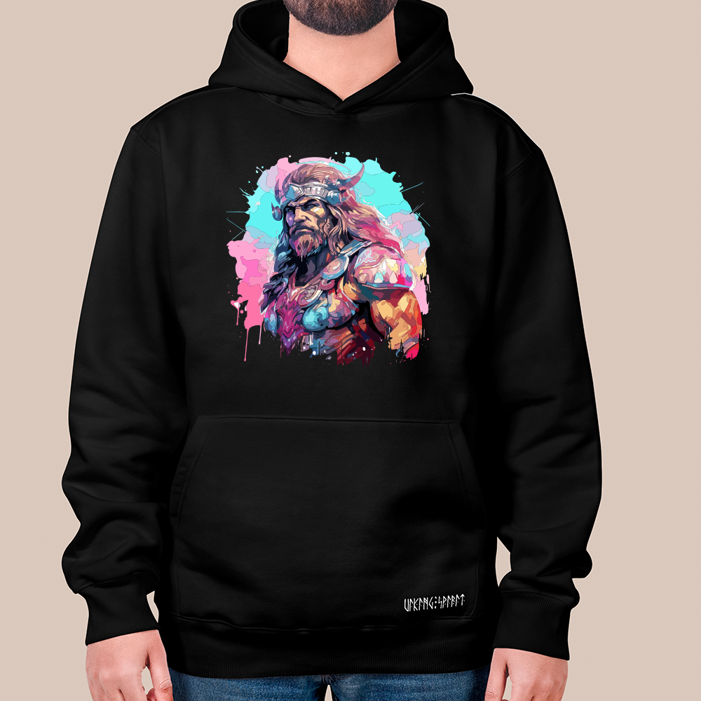 Splash Art Viking Chieftain Portrait 550g Heavyweight Cotton Hoodie, Norse Mythology Jarl Totem Pullover with Kangaroo Pocket, Affordable Unisex All-Ages Sweatshirt for European Fans-Viking Spirit