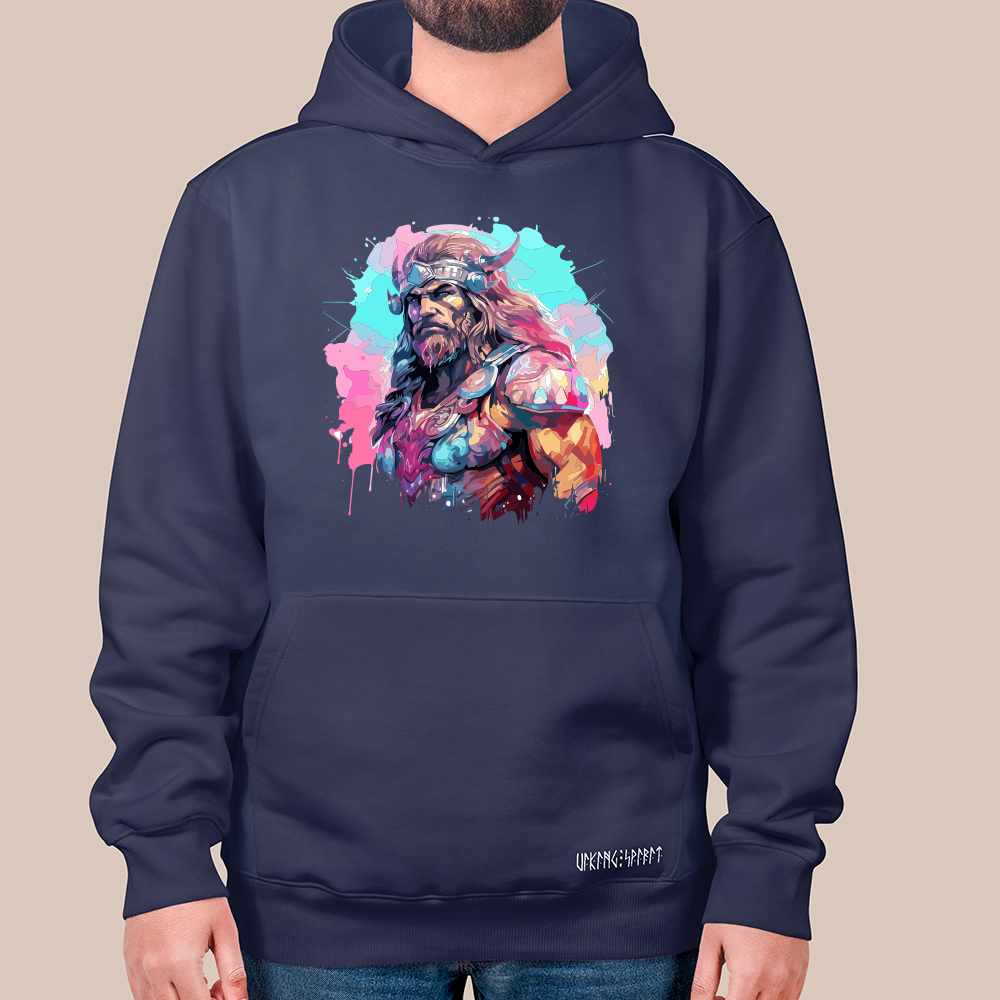 Splash Art Viking Chieftain Portrait 550g Heavyweight Cotton Hoodie, Norse Mythology Jarl Totem Pullover with Kangaroo Pocket, Affordable Unisex All-Ages Sweatshirt for European Fans-Viking Spirit