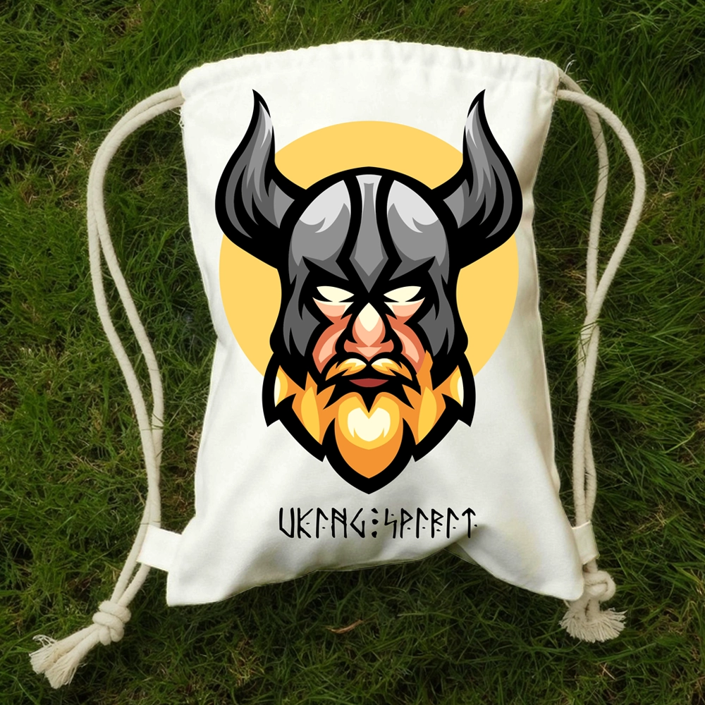 Viking Warrior Head with Horned Helmet Cotton Canvas Drawstring Bag, Norse Fighter Rune Heat‑Transfer Sack Backpack-Viking Spirit