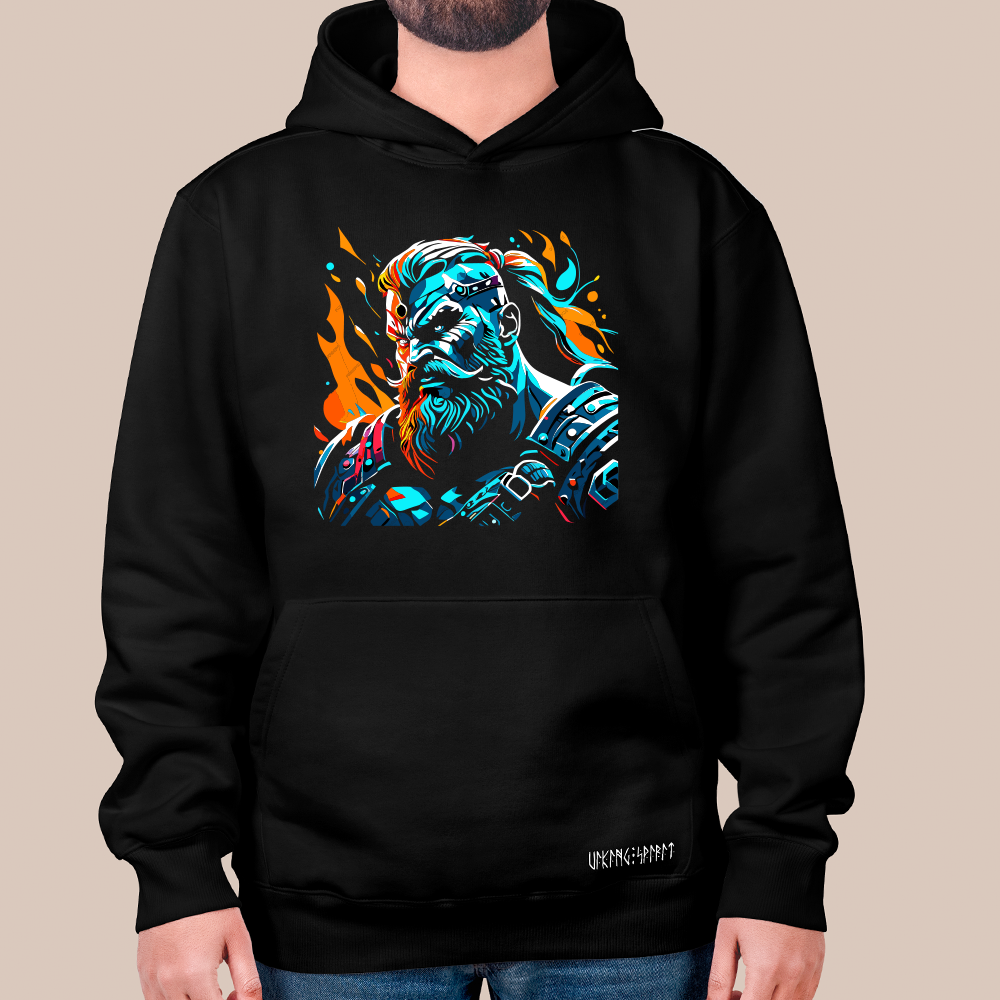 Pop Art Viking Jarl Chieftain 550g Heavyweight Cotton Hoodie, Norse Viking Leader Totem Pullover with Kangaroo Pocket, Affordable Unisex All-Ages Sweatshirt for European Fans-Viking Spirit