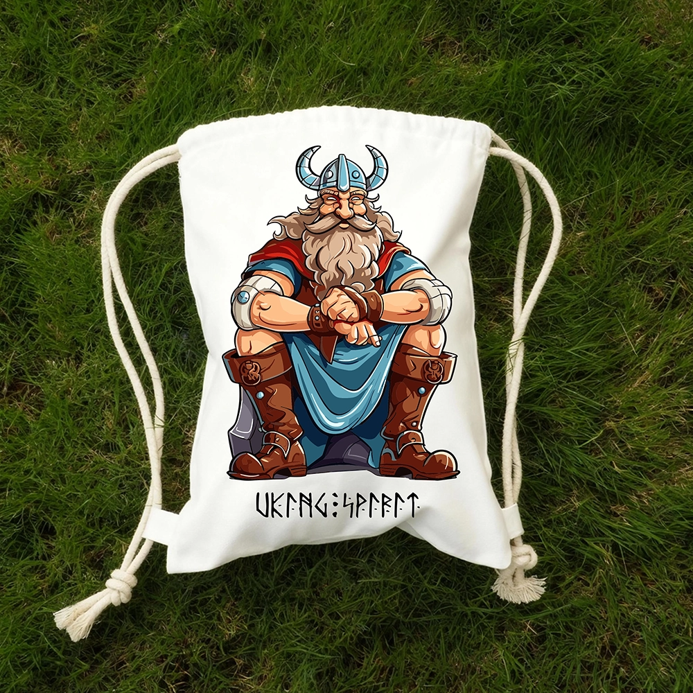 Cartoon Seated Old Viking Warrior Cotton Canvas Drawstring Bag, Vintage Norse Champion Rune Heat‑Transfer Sack Backpack-Viking Spirit