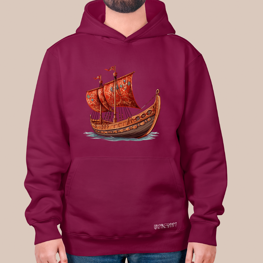 Viking Drakkar Longship 550g Heavyweight Cotton Hoodie, Norse Warship Totem Pullover with Kangaroo Pocket, Unisex All-Ages Sweatshirt, Viking Spirit Runes on Hem-Viking Spirit