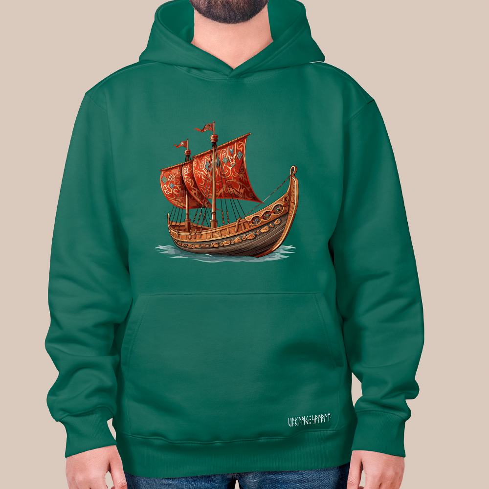 Viking Drakkar Longship 550g Heavyweight Cotton Hoodie, Norse Warship Totem Pullover with Kangaroo Pocket, Unisex All-Ages Sweatshirt, Viking Spirit Runes on Hem-Viking Spirit