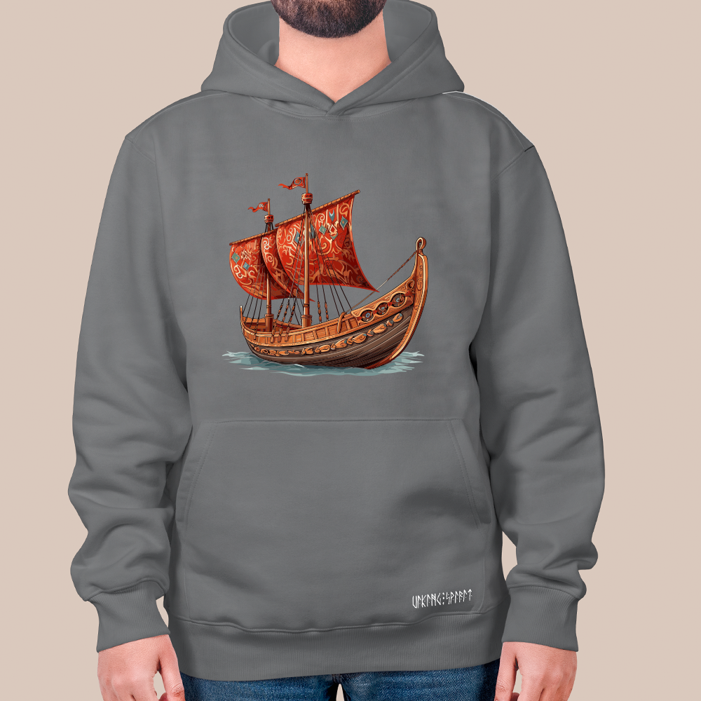 Viking Drakkar Longship 550g Heavyweight Cotton Hoodie, Norse Warship Totem Pullover with Kangaroo Pocket, Unisex All-Ages Sweatshirt, Viking Spirit Runes on Hem-Viking Spirit