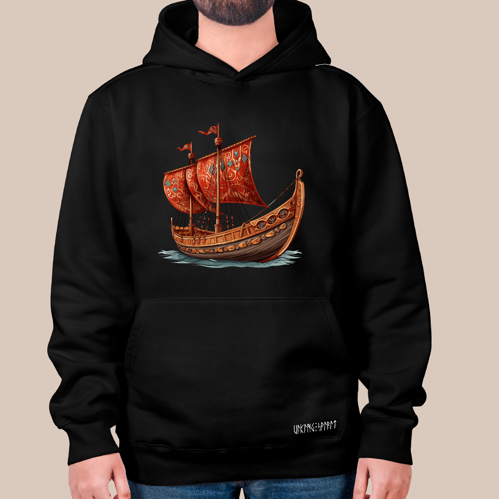 Viking Drakkar Longship 550g Heavyweight Cotton Hoodie, Norse Warship Totem Pullover with Kangaroo Pocket, Unisex All-Ages Sweatshirt, Viking Spirit Runes on Hem-Viking Spirit