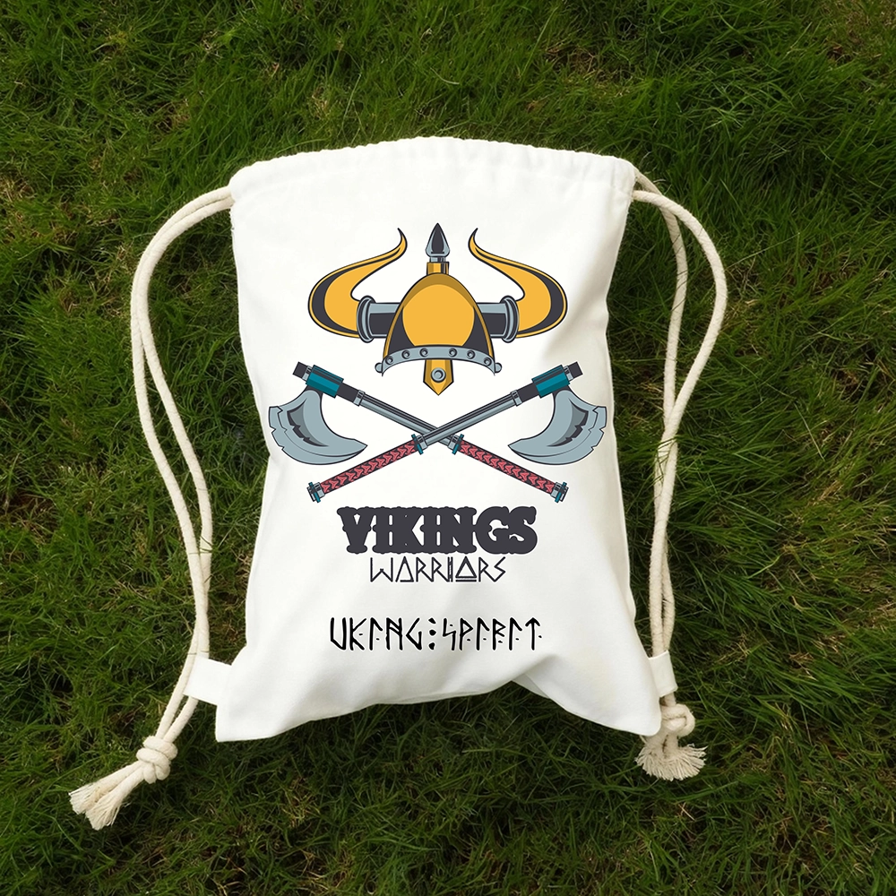 Vikings Warriors Horned Helmet Cross‑Battle‑Axe Cotton Canvas Drawstring Bag, Norse Warrior Weapon Totem Rune Heat‑Transfer Sack Backpack-Viking Spirit