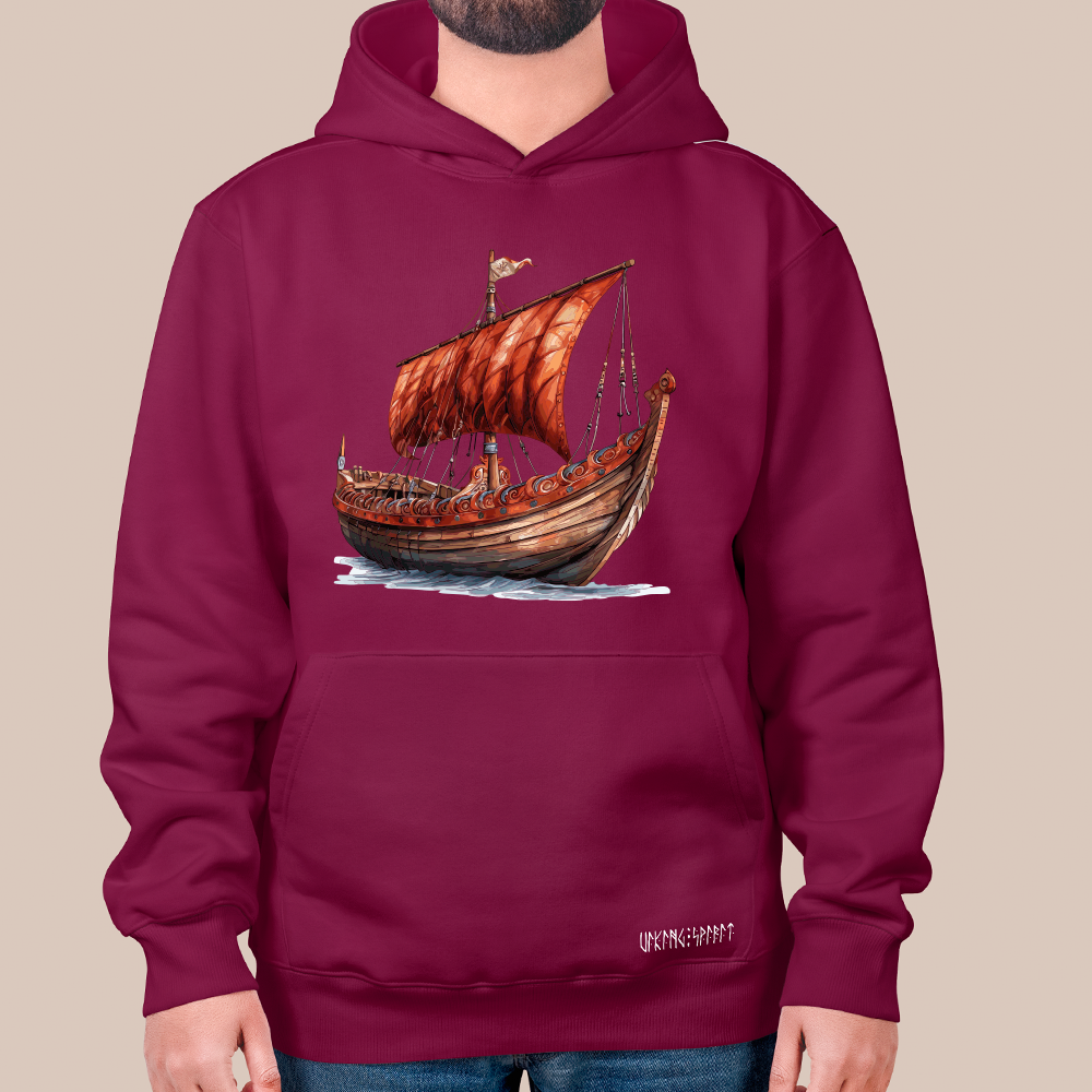 New Version Viking Drakkar Longship 550g Heavyweight Cotton Hoodie, Norse Warship Totem Pullover with Kangaroo Pocket, Unisex All-Ages Sweatshirt, Viking Spirit Runes on Hem-Viking Spirit
