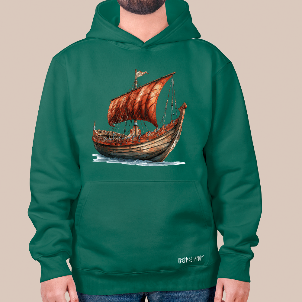 New Version Viking Drakkar Longship 550g Heavyweight Cotton Hoodie, Norse Warship Totem Pullover with Kangaroo Pocket, Unisex All-Ages Sweatshirt, Viking Spirit Runes on Hem-Viking Spirit