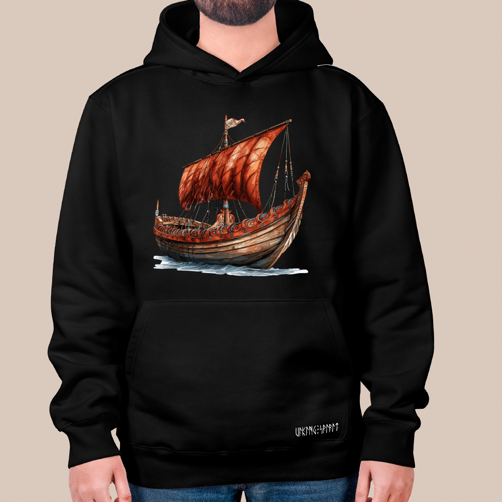 New Version Viking Drakkar Longship 550g Heavyweight Cotton Hoodie, Norse Warship Totem Pullover with Kangaroo Pocket, Unisex All-Ages Sweatshirt, Viking Spirit Runes on Hem-Viking Spirit