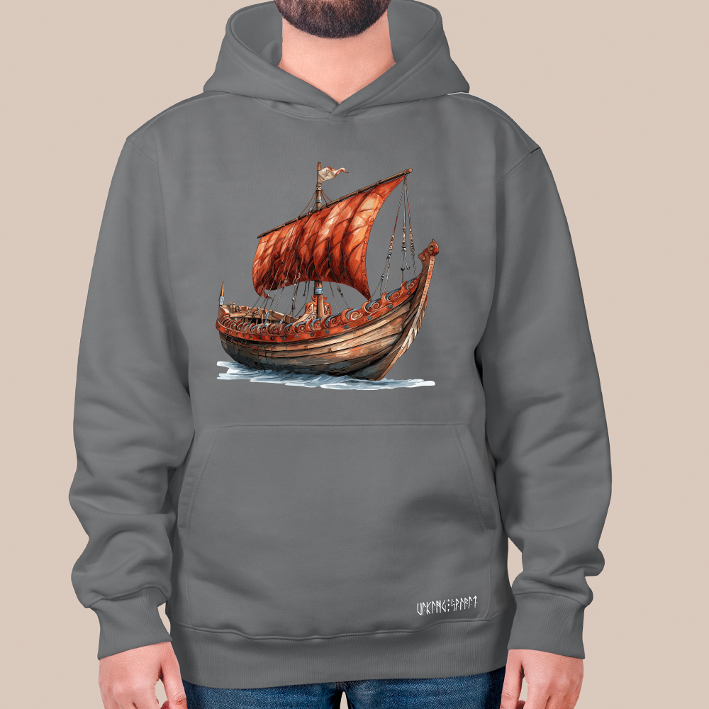 New Version Viking Drakkar Longship 550g Heavyweight Cotton Hoodie, Norse Warship Totem Pullover with Kangaroo Pocket, Unisex All-Ages Sweatshirt, Viking Spirit Runes on Hem-Viking Spirit