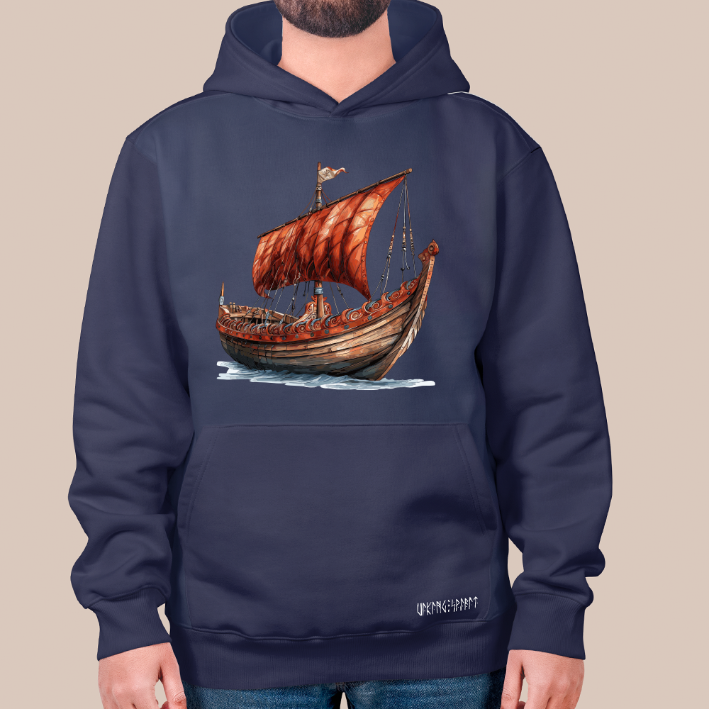 New Version Viking Drakkar Longship 550g Heavyweight Cotton Hoodie, Norse Warship Totem Pullover with Kangaroo Pocket, Unisex All-Ages Sweatshirt, Viking Spirit Runes on Hem-Viking Spirit