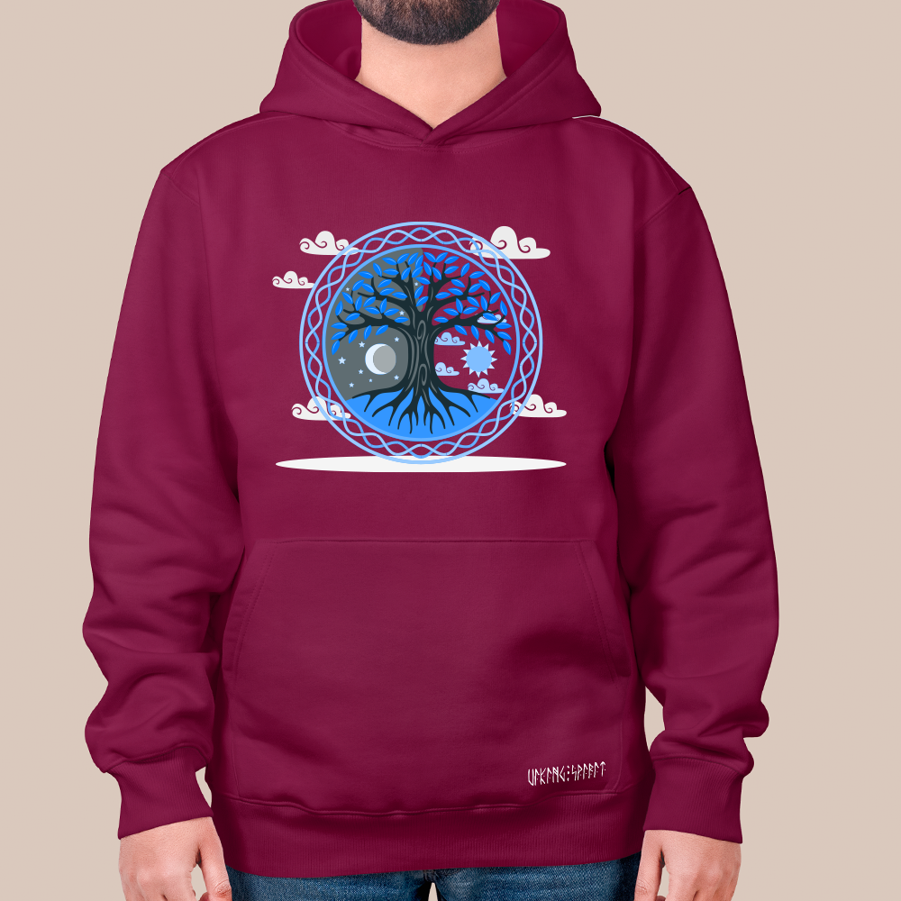 Norse Mythology Yggdrasil World Tree 550g Heavyweight Cotton Hoodie, Viking Tree of Life Totem Pullover with Kangaroo Pocket, Unisex All-Ages Sweatshirt, Viking Spirit Runes on Hem-Viking Spirit
