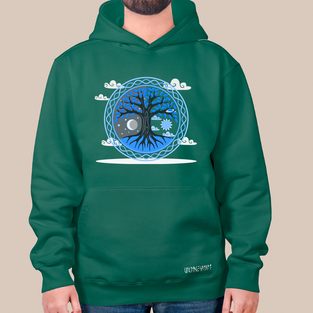Norse Mythology Yggdrasil World Tree 550g Heavyweight Cotton Hoodie, Viking Tree of Life Totem Pullover with Kangaroo Pocket, Unisex All-Ages Sweatshirt, Viking Spirit Runes on Hem-Viking Spirit