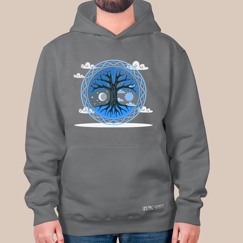Norse Mythology Yggdrasil World Tree 550g Heavyweight Cotton Hoodie, Viking Tree of Life Totem Pullover with Kangaroo Pocket, Unisex All-Ages Sweatshirt, Viking Spirit Runes on Hem-Viking Spirit