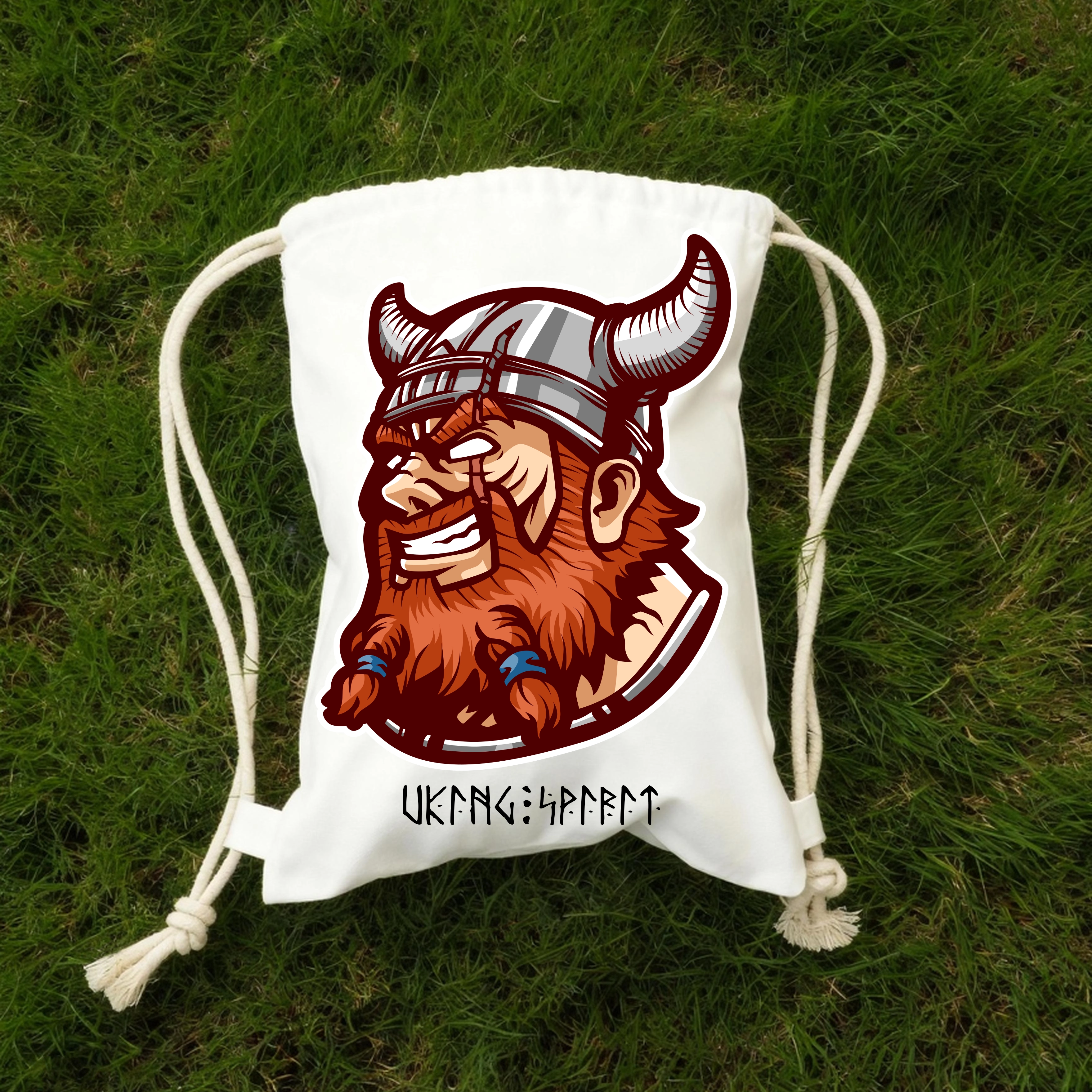 Vikings Warriors Horned Helmet Cross‑Battle‑Axe Cotton Canvas Drawstring Bag, Norse Warrior Weapon Totem Rune Heat‑Transfer Sack Backpack-Viking Spirit