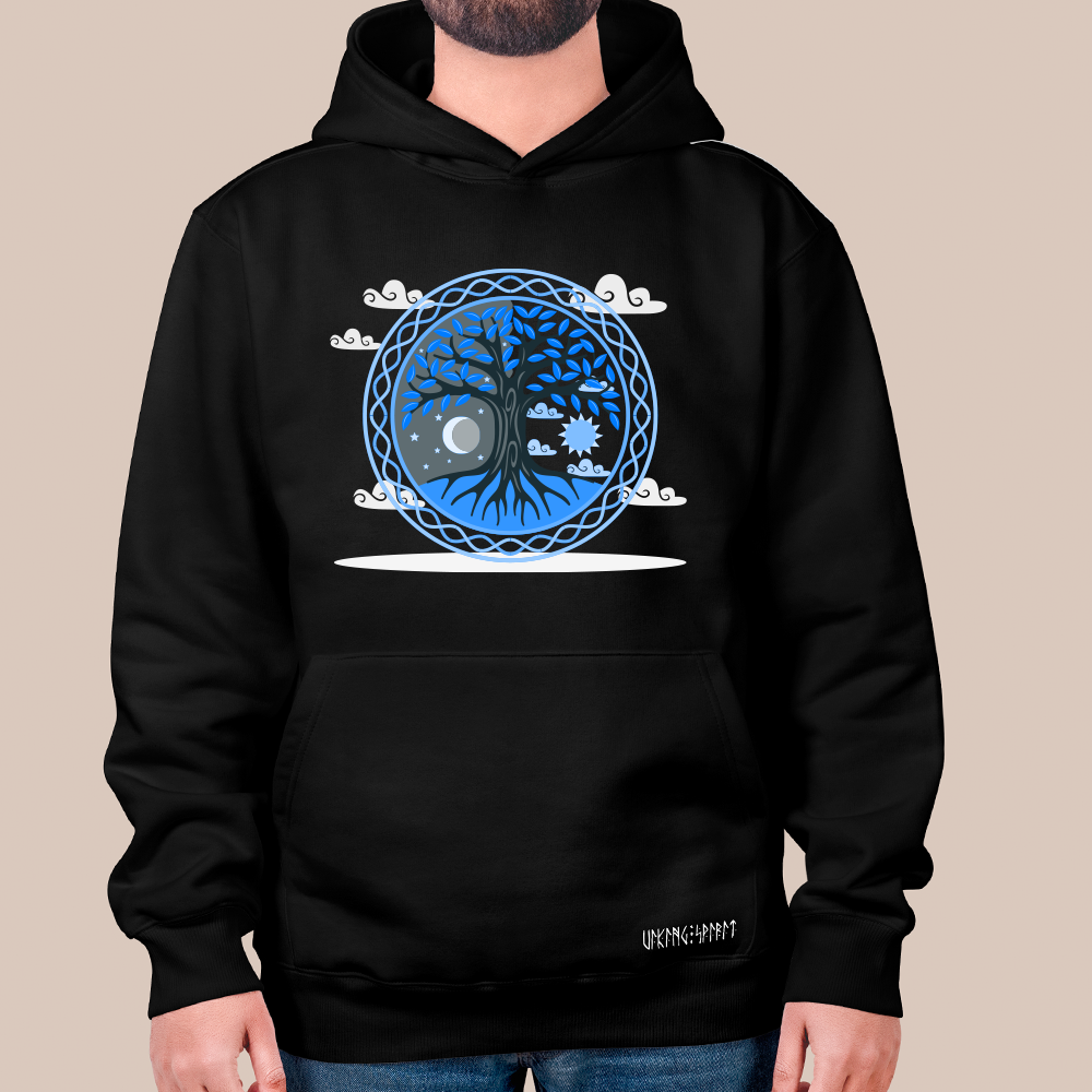 Norse Mythology Yggdrasil World Tree 550g Heavyweight Cotton Hoodie, Viking Tree of Life Totem Pullover with Kangaroo Pocket, Unisex All-Ages Sweatshirt, Viking Spirit Runes on Hem-Viking Spirit