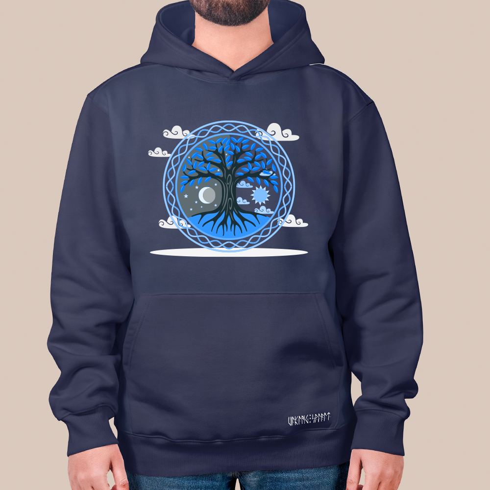 Norse Mythology Yggdrasil World Tree 550g Heavyweight Cotton Hoodie, Viking Tree of Life Totem Pullover with Kangaroo Pocket, Unisex All-Ages Sweatshirt, Viking Spirit Runes on Hem-Viking Spirit
