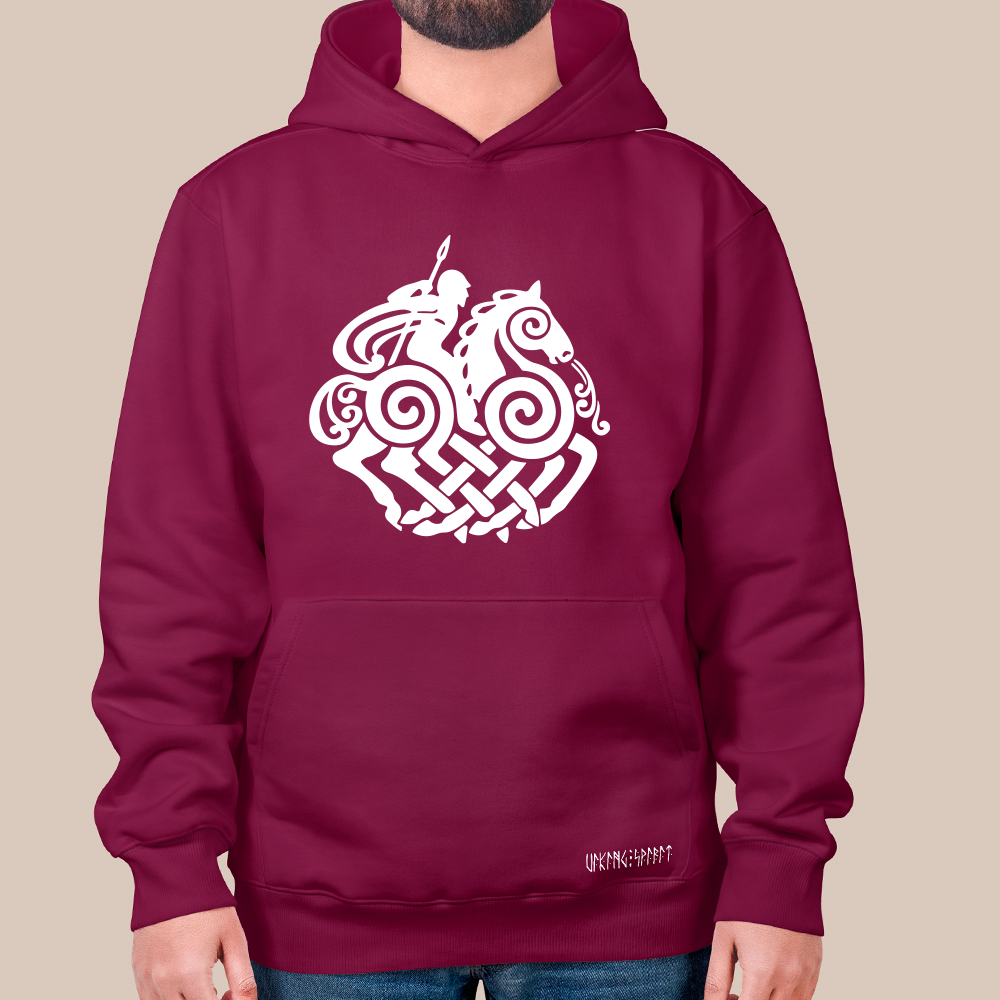 Norse Mythology Odin & Sleipnir 8-Legged Horse 550g Heavyweight Cotton Hoodie, Viking Celtic Knot Totem Pullover with Kangaroo Pocket, Unisex All-Ages Sweatshirt, Viking Spirit Runes on Hem-Viking Spirit