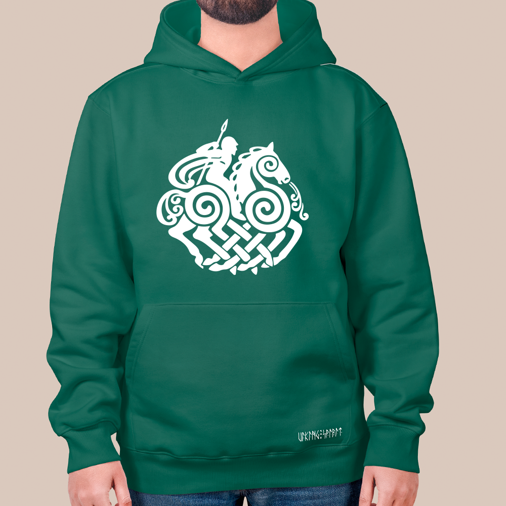 Norse Mythology Odin & Sleipnir 8-Legged Horse 550g Heavyweight Cotton Hoodie, Viking Celtic Knot Totem Pullover with Kangaroo Pocket, Unisex All-Ages Sweatshirt, Viking Spirit Runes on Hem-Viking Spirit