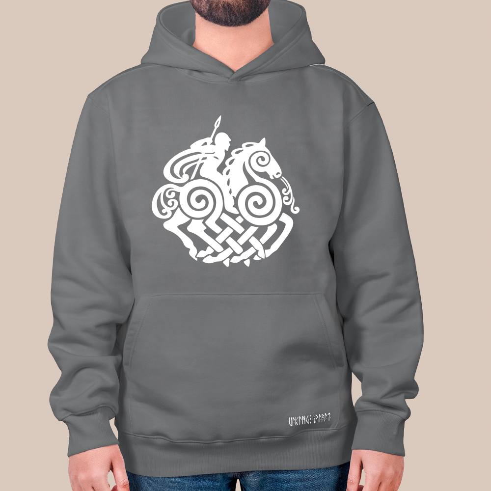 Norse Mythology Odin & Sleipnir 8-Legged Horse 550g Heavyweight Cotton Hoodie, Viking Celtic Knot Totem Pullover with Kangaroo Pocket, Unisex All-Ages Sweatshirt, Viking Spirit Runes on Hem-Viking Spirit