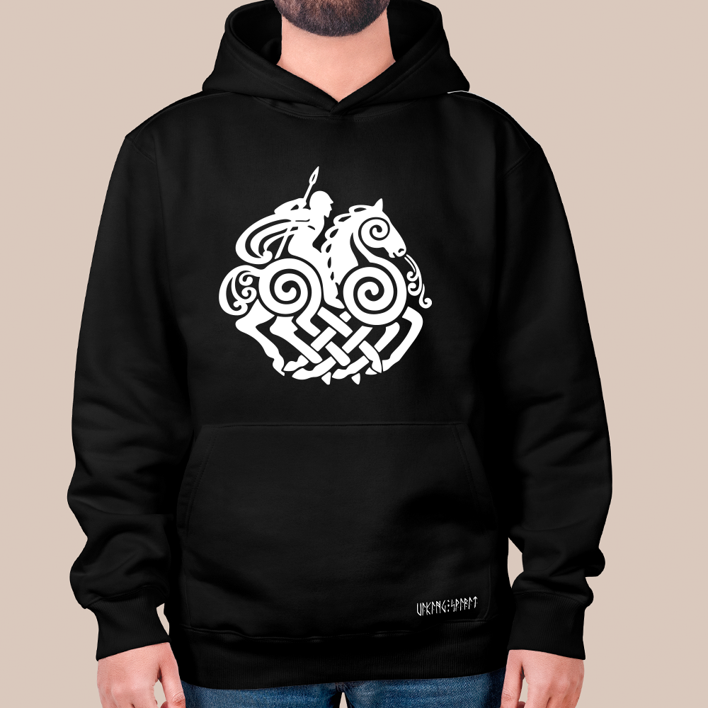Norse Mythology Odin & Sleipnir 8-Legged Horse 550g Heavyweight Cotton Hoodie, Viking Celtic Knot Totem Pullover with Kangaroo Pocket, Unisex All-Ages Sweatshirt, Viking Spirit Runes on Hem-Viking Spirit
