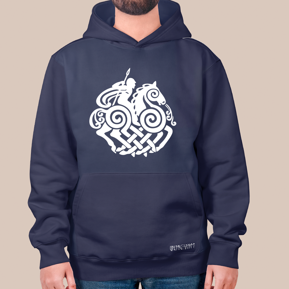 Norse Mythology Odin & Sleipnir 8-Legged Horse 550g Heavyweight Cotton Hoodie, Viking Celtic Knot Totem Pullover with Kangaroo Pocket, Unisex All-Ages Sweatshirt, Viking Spirit Runes on Hem-Viking Spirit